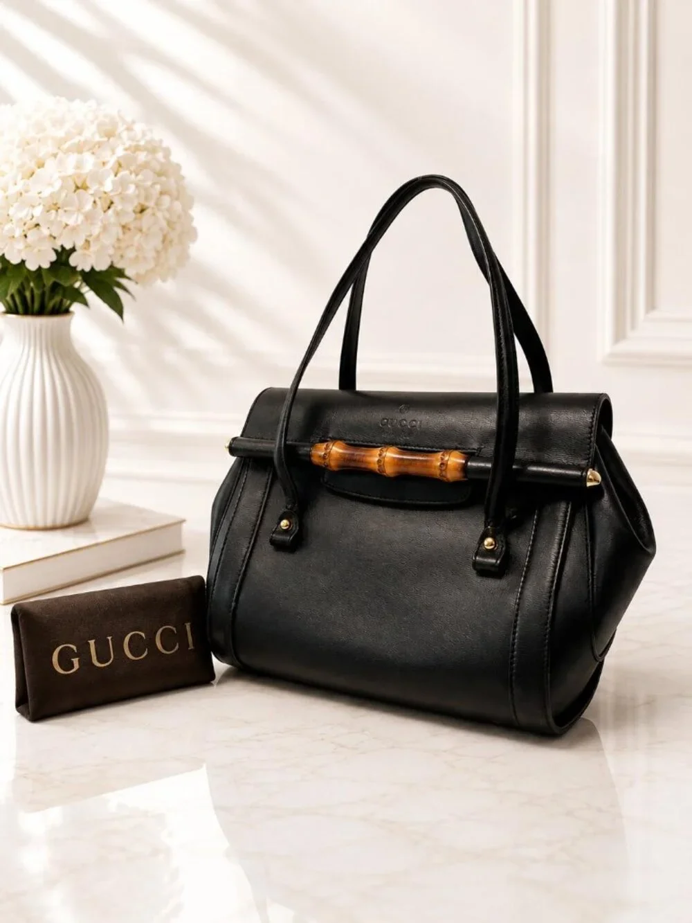 Authentic Gucci Bamboo Daily Black Leather Top Handle Bag